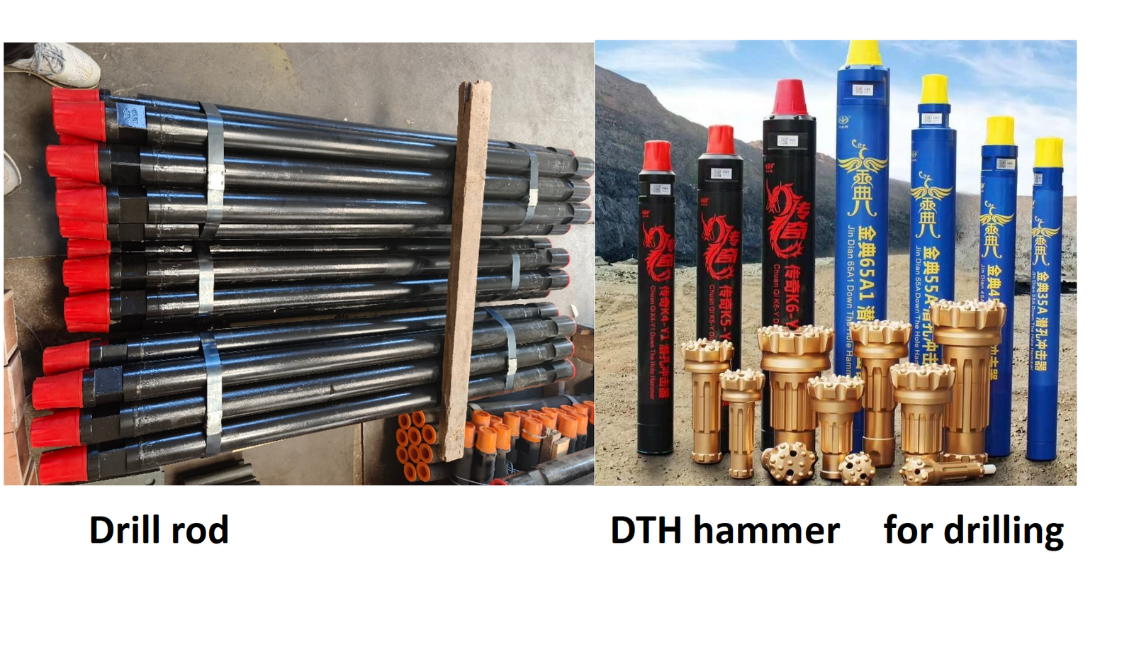 High‑air‑pressure DTH hammers and drill rods for rock drilling